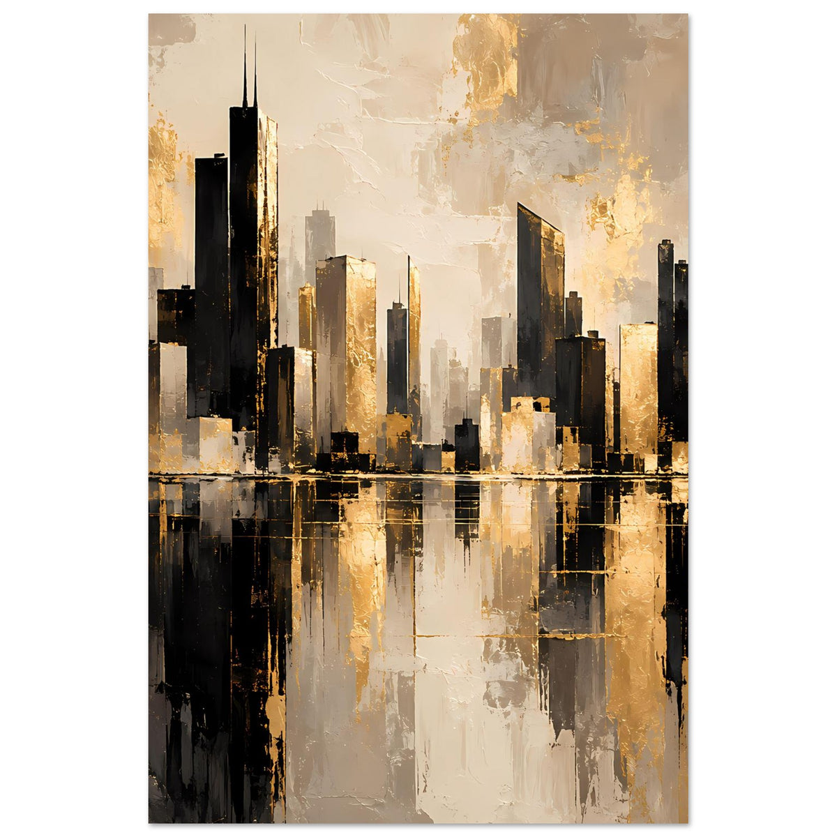 Stadtlandschafts-Poster (Hochformat) mit gold-schwarzen Wolkenkratzern und Wasserreflexion