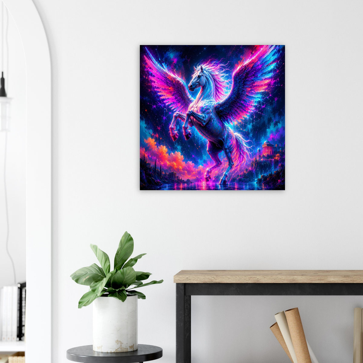 Quadratisches Pegasus-Poster mit magenta Blitzen und leuchtenden Flügeln, schwarz gerahmt