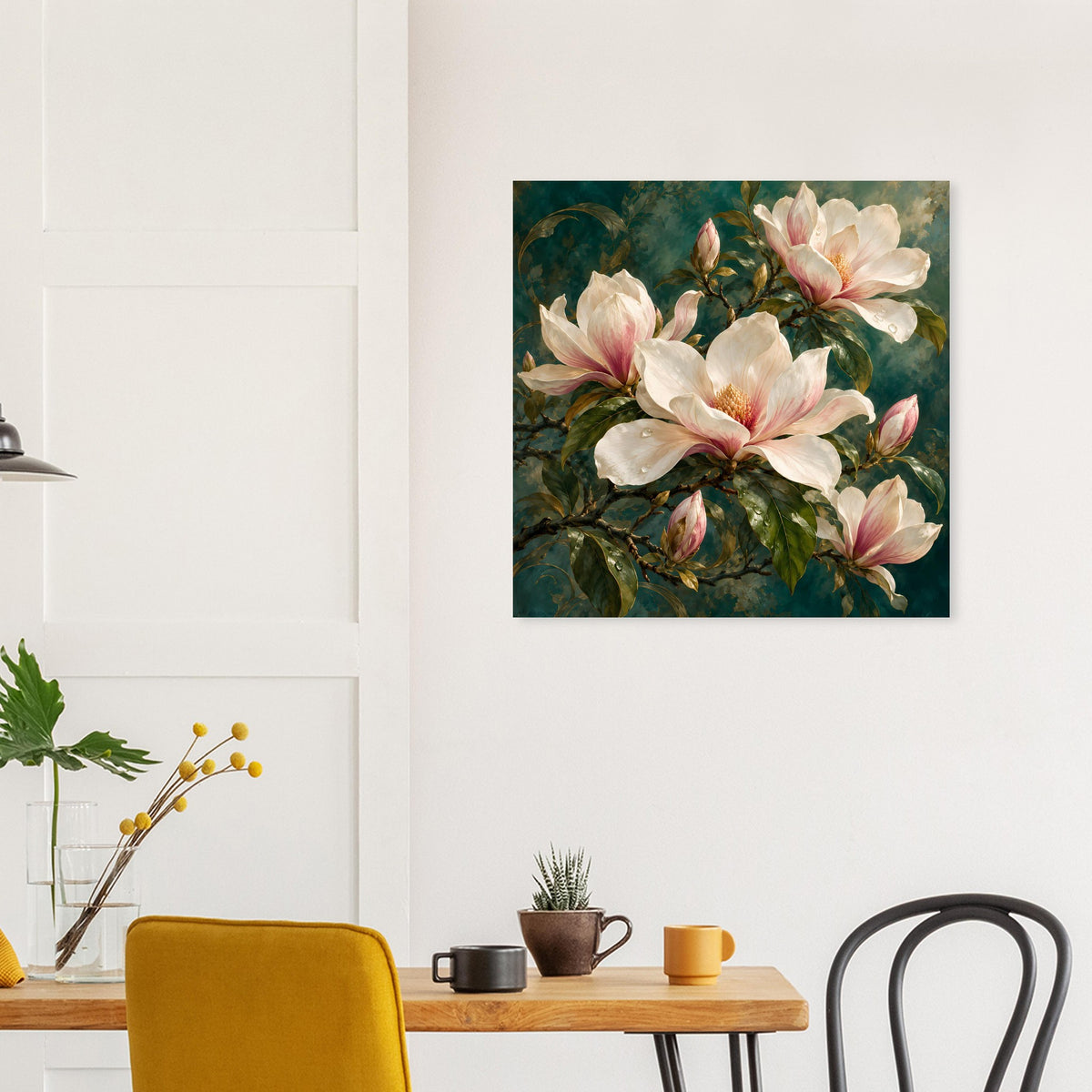 Quadratisches Poster mit großen Magnolienblüten in Creme- und Rosatönen