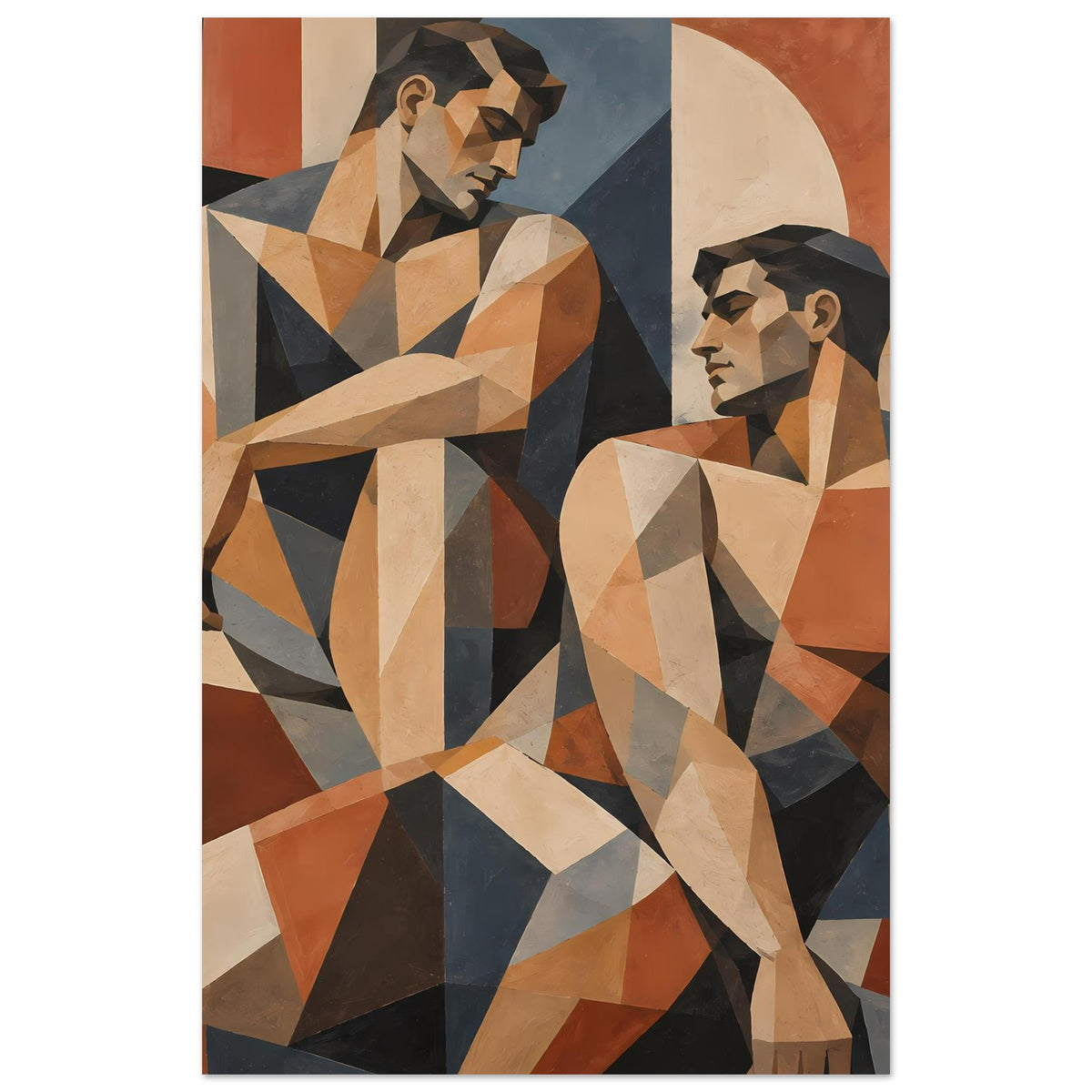 Kunstposter im Hochformat mit geometrischen Figuren zweier Männer, überwiegend in Erdtönen