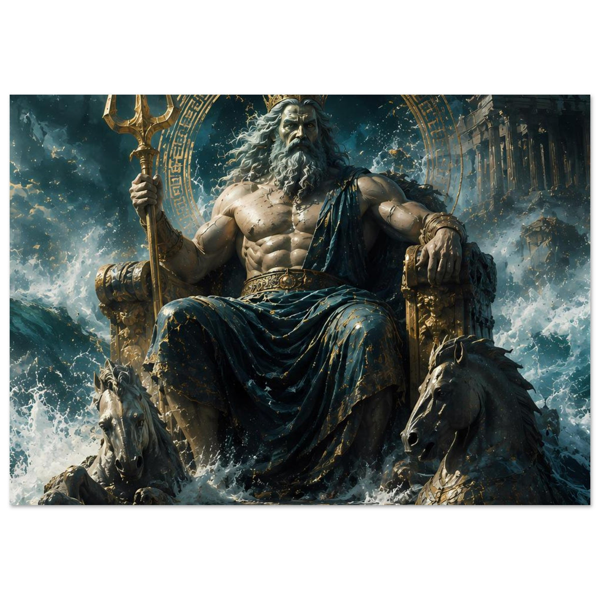 Poster mit Poseidon auf Thron, Dreizack erhoben, dunkler Mantel und Meeresschaum