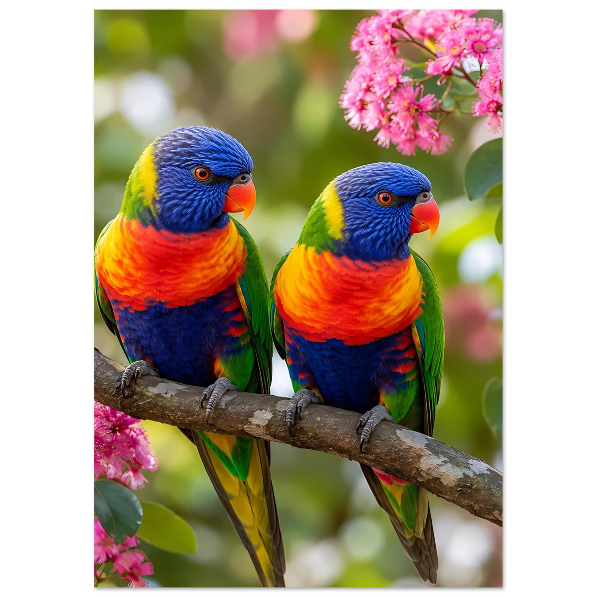Poster: zwei Regenbogen-Lorikeets auf Ast mit rosa Blüten, oben rechts größere Blüten
