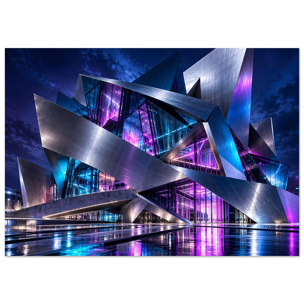 Architekturposter im Hochformat mit beleuchtetem Innenraster und blau-violetter Lichtlinie