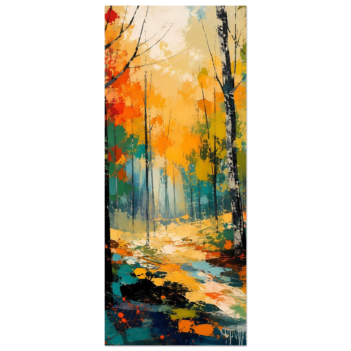 Herbstwald-Poster im Hochformat: bunte Bäume, gelb-orangener Himmel und Waldweg