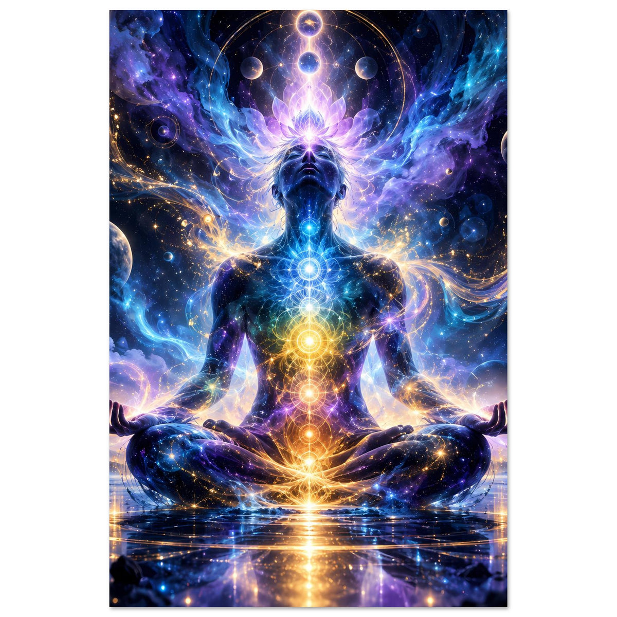 Hochformat-Poster, meditierende Chakra-Figur mit leuchtender Aura und funkelndem Kosmos