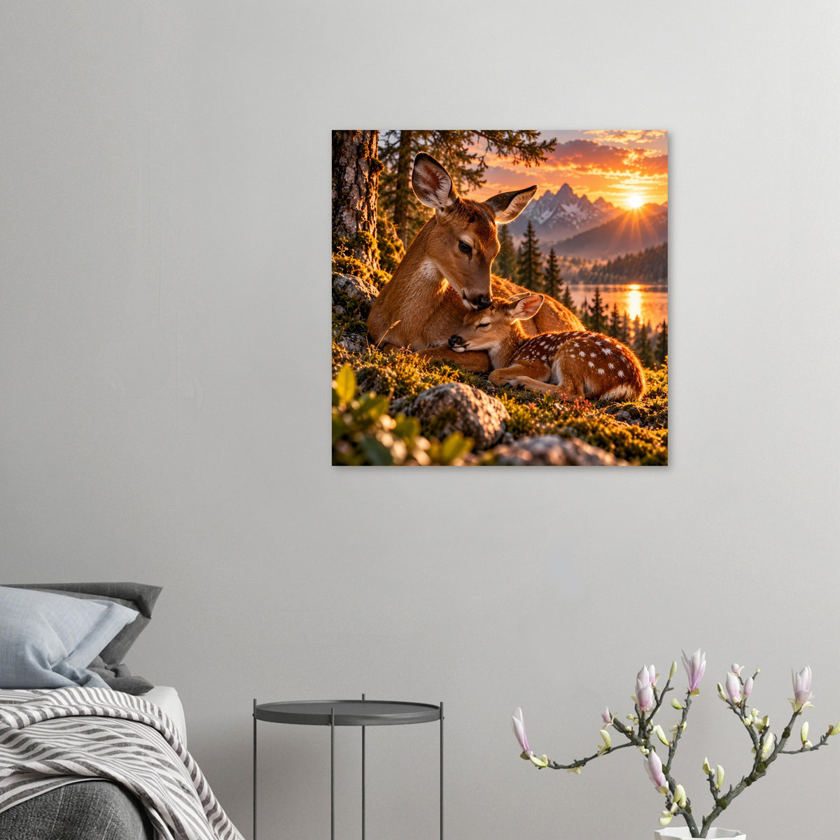Kleines Querformat-Poster mit Reh und Rehkitz im warmen Sonnenuntergang, Naturmotiv