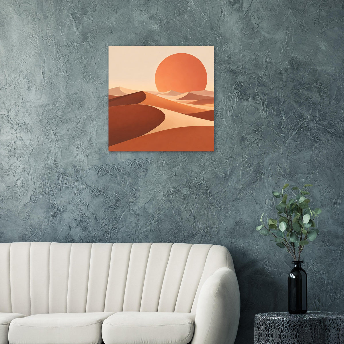 Kleines gerahmtes Quadratposter mit orangefarbener Sonne und ockerfarbenen Dünen