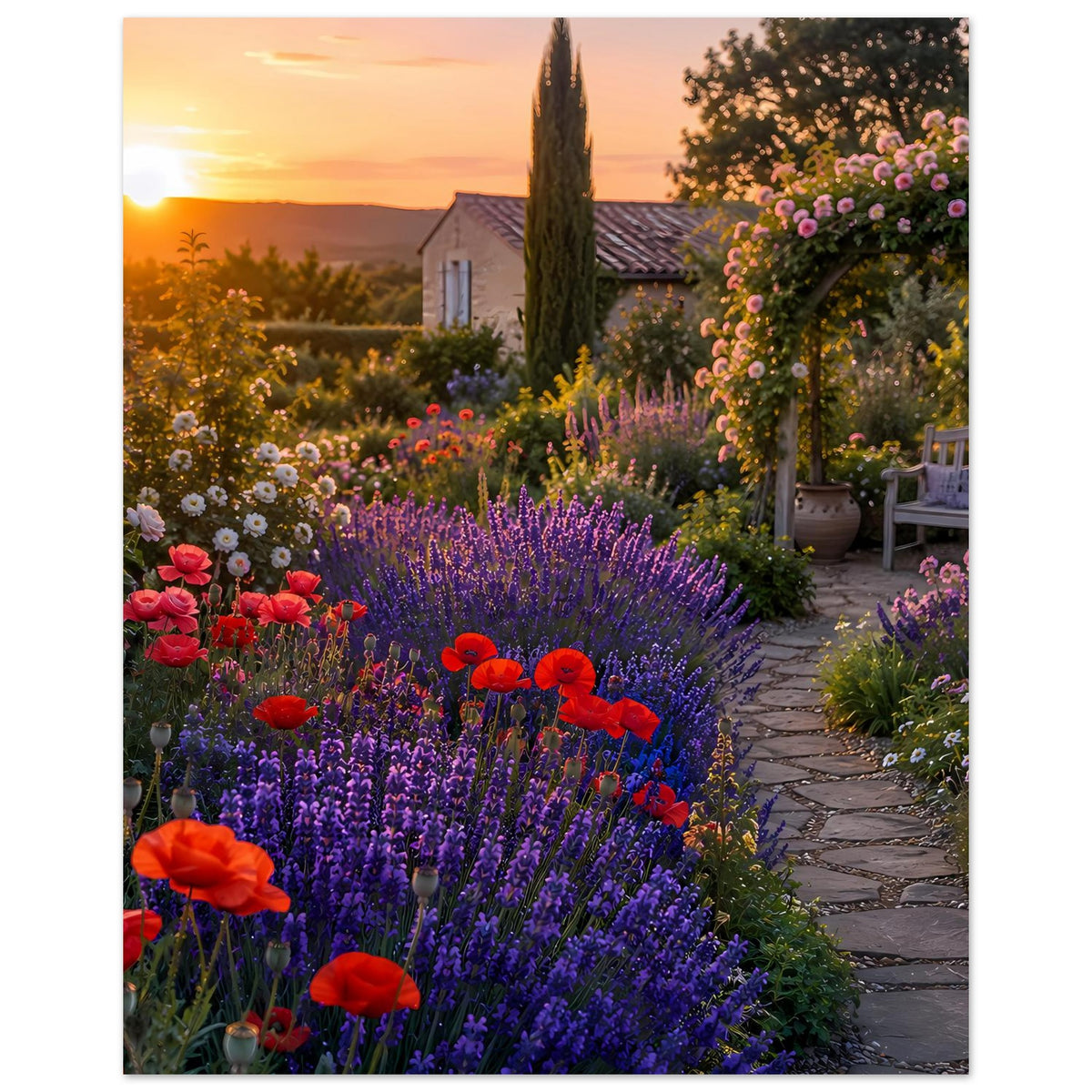 Gartenposter mit Sonnenuntergang, violettem Lavendel, roten Blüten und Gartenweg im Hintergrund
