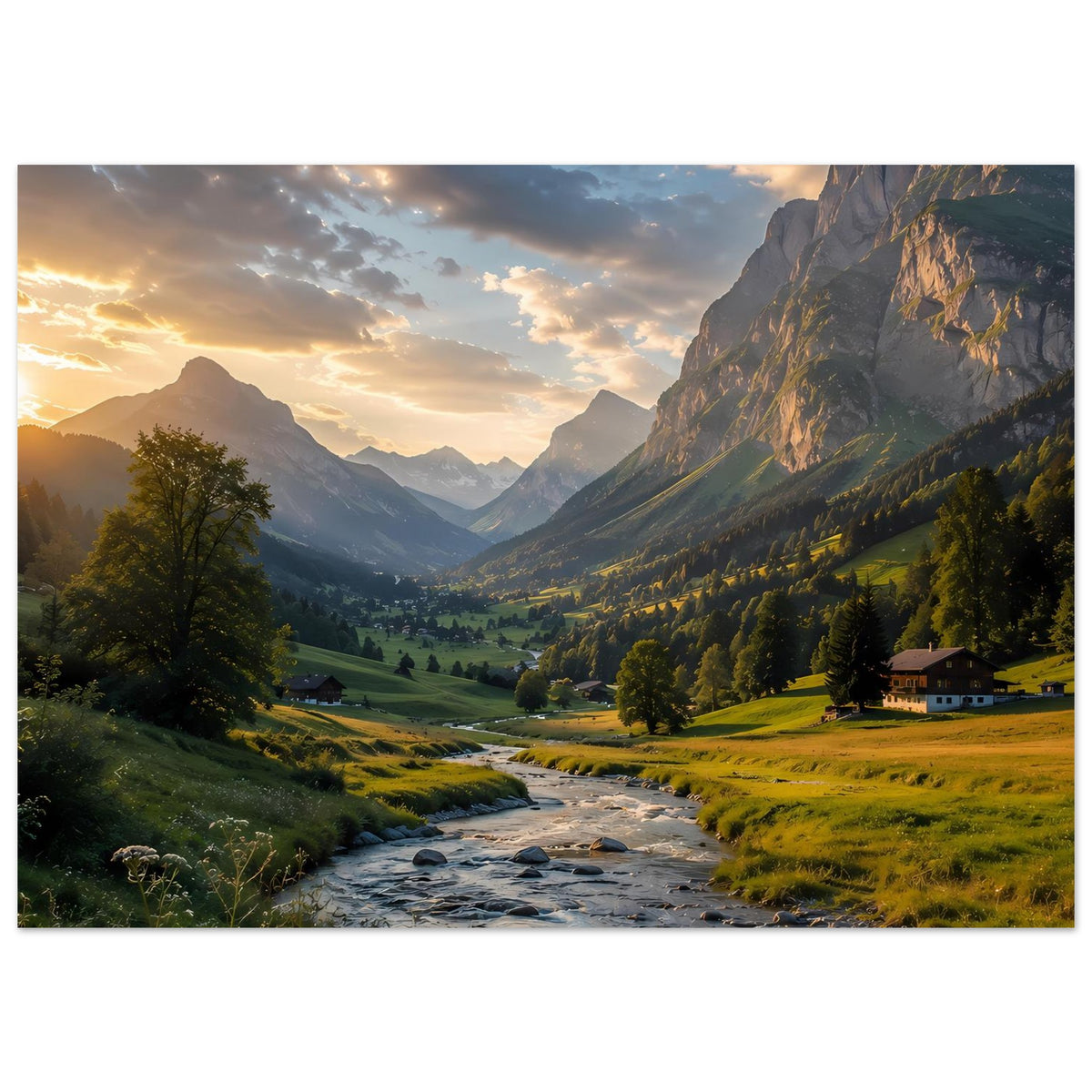 Poster Alpenlandschaft: Flusslauf, Wiesen und Ferienhäuser im Abendlicht