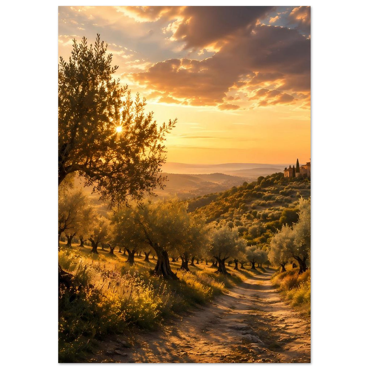 Poster mit Olivenbaumreihe, geschwungenem Feldweg und weiten Hügeln bei Abendsonne