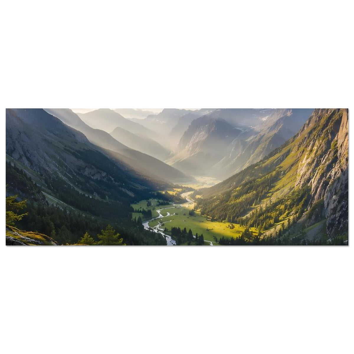 Breites Poster im Querformat mit Alpenhang, Gebirgsbach und weitläufigem Talblick