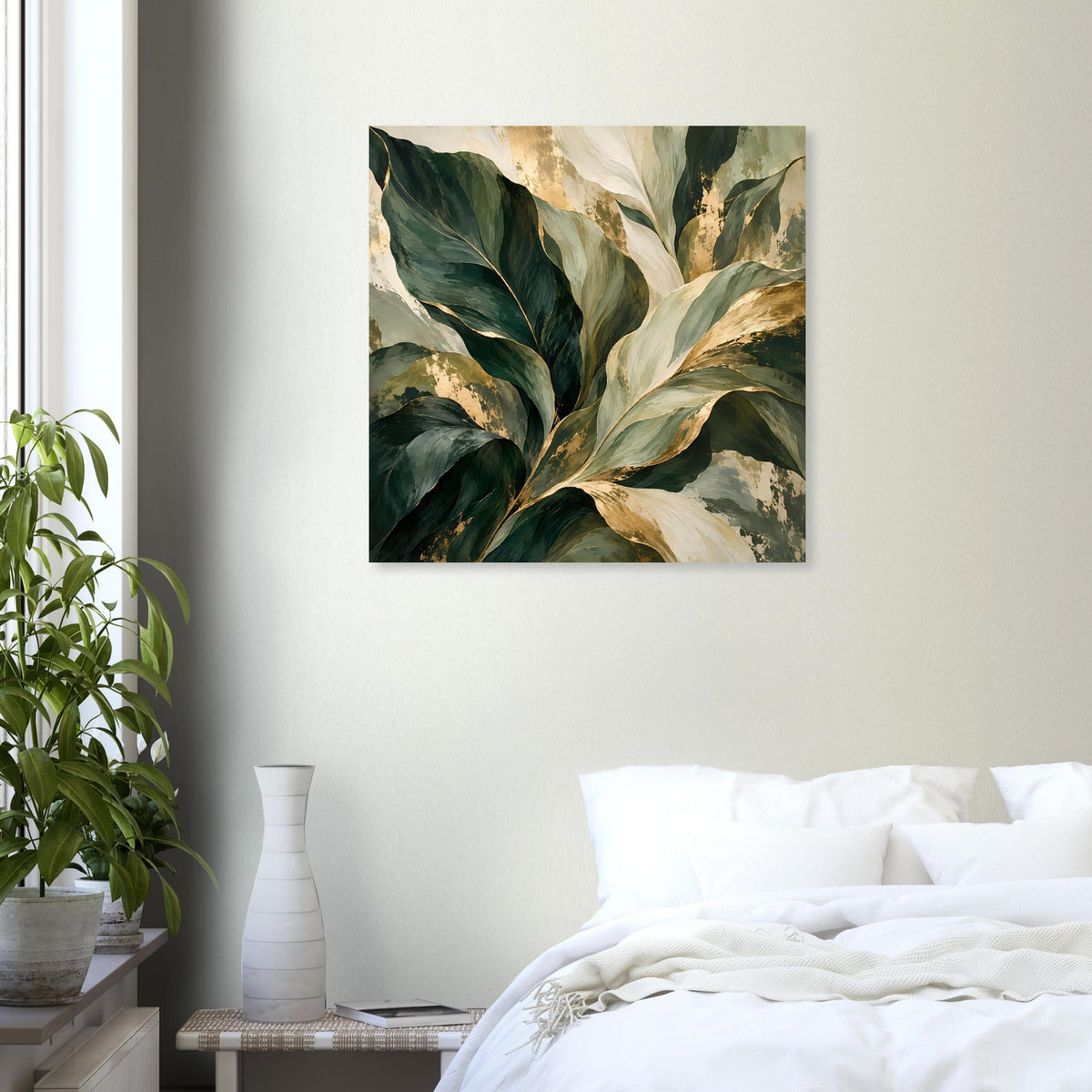 Botanik-Poster (quadratisch) mit grünen Blättern, beige-goldenem Hintergrund