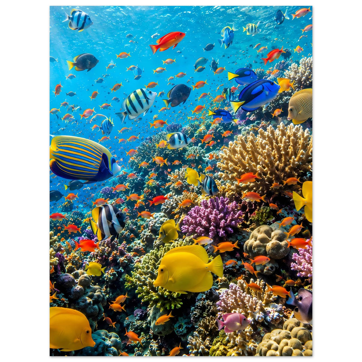 Poster mit farbenfroher Korallenriff-Szene und vielen tropischen Fischen, vertikal