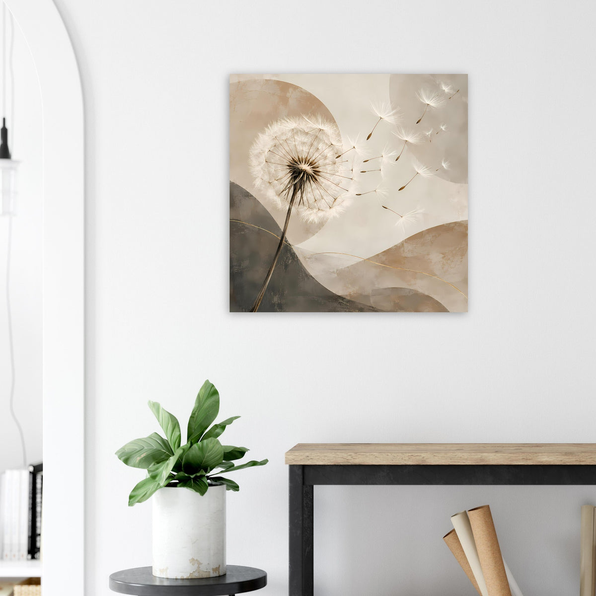 Quadratisches Poster mit Pusteblume, Beigetöne mit grauen Wellen und Punkten
