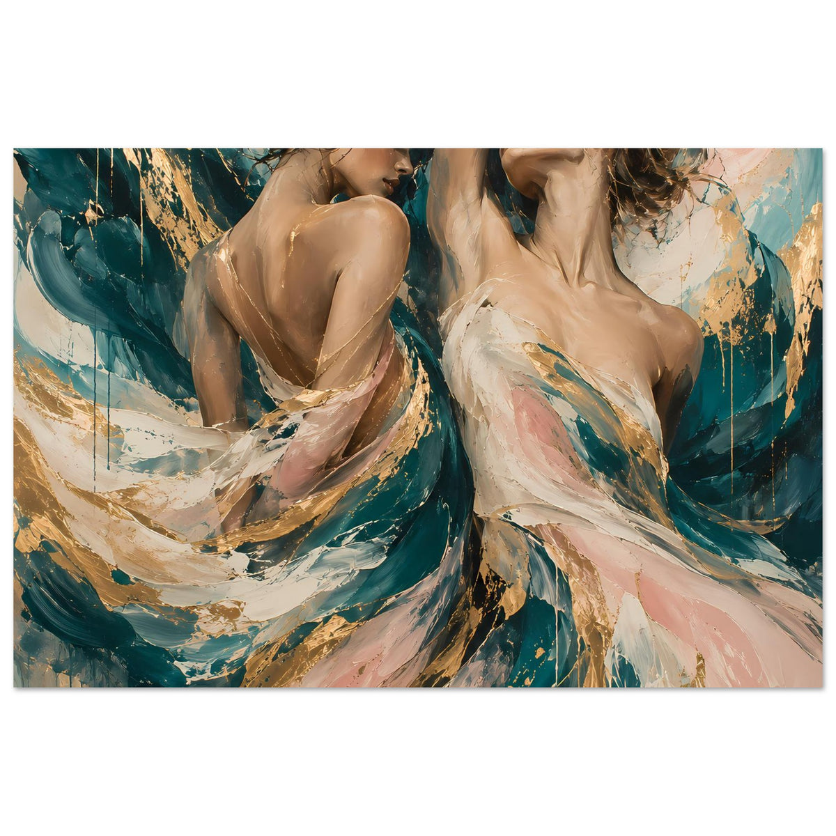 Horizontales Kunstposter: zwei weibliche Figuren, abstrakte Farbflächen in Türkis, Creme und Gold