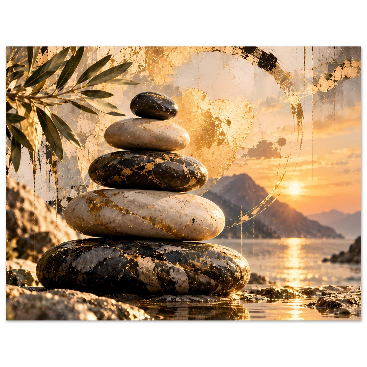 Zen-Poster mit Steinhaufen und Palmblättern links, warmem Sonnenuntergang am Wasser, goldener Kreis