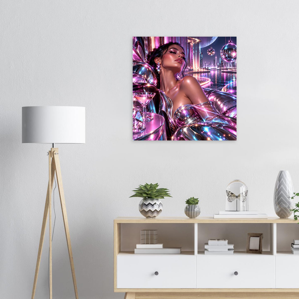 Neon-Futurismus-Poster: glamouröse Frau im silbrig-violett glänzenden Look vor leuchtender Sci‑Fi-Ansicht