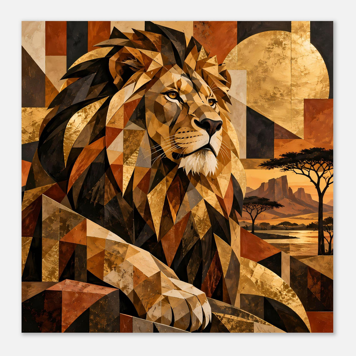 Geometrisches Löwenposter, horizontal: Löwe im Profil mit goldener Mähne vor Wüstenlandschaft