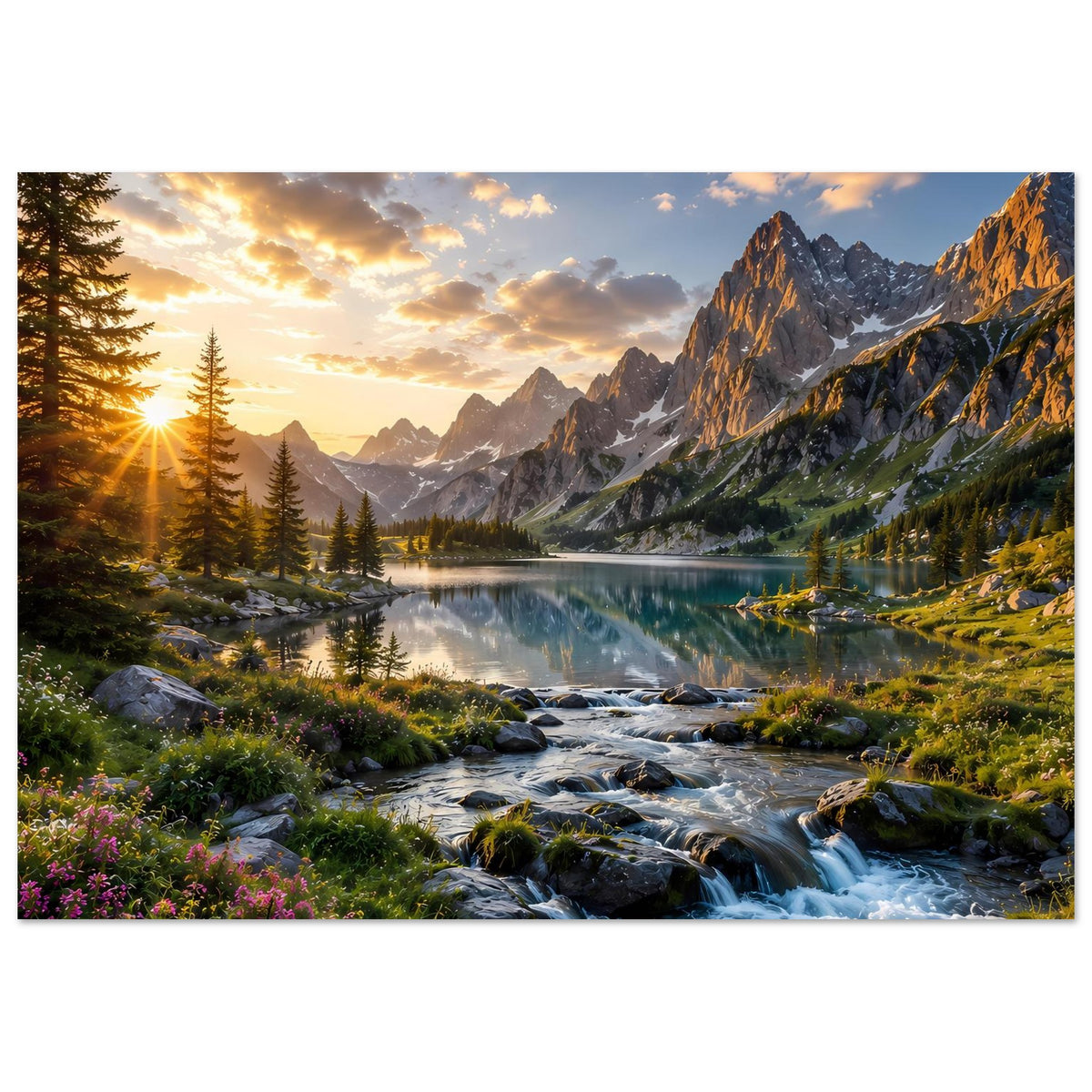 Poster im Querformat: Sonnenaufgang, Bergsee, Felsenstrom und Alpenberge