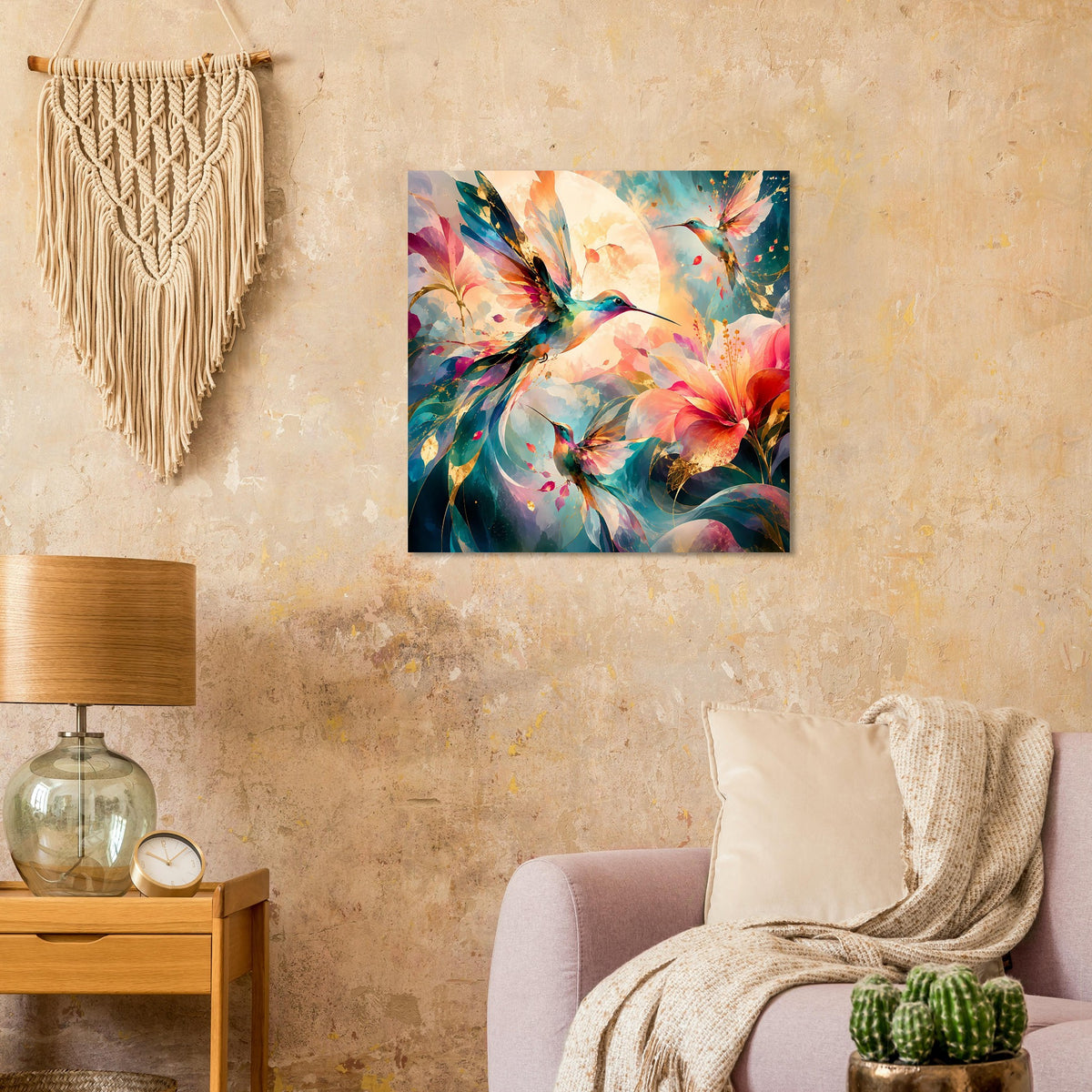 Quadratisches Kunstposter mit Kolibri zwischen Blüten, buntes Aquarell-Design