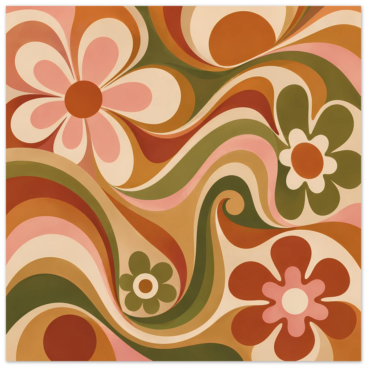Florales Retro-Poster mit geschwungenen Linien und Blüten in Olivgrün, Orange und Creme