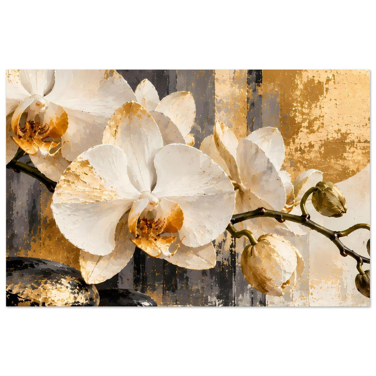 Orchideen-Poster mit breiter Ansicht: weiße Blüten, goldene Stiele und spiegelnde Farbspuren