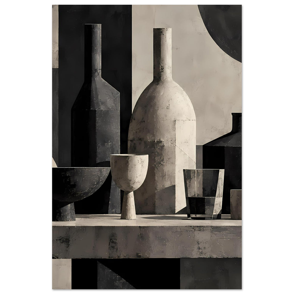 Still-Life-Poster mit abstrakten Flaschen und Bechern in Schwarz und Hellgrau