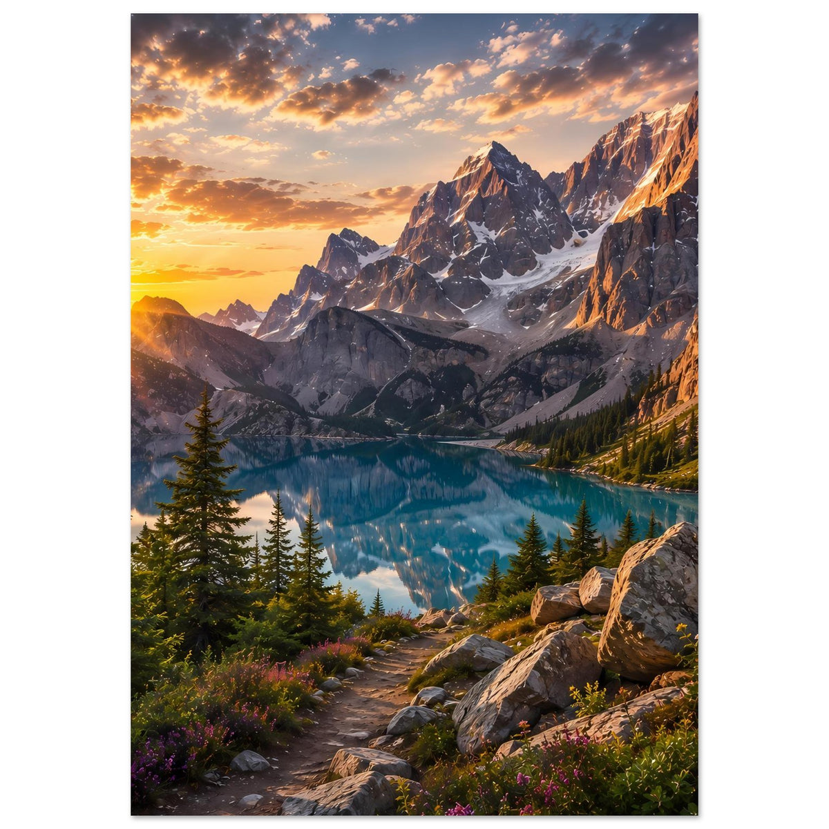 Poster im Hochformat: Bergsee mit Sonnenaufgangshimmel, Felsen und Tannen
