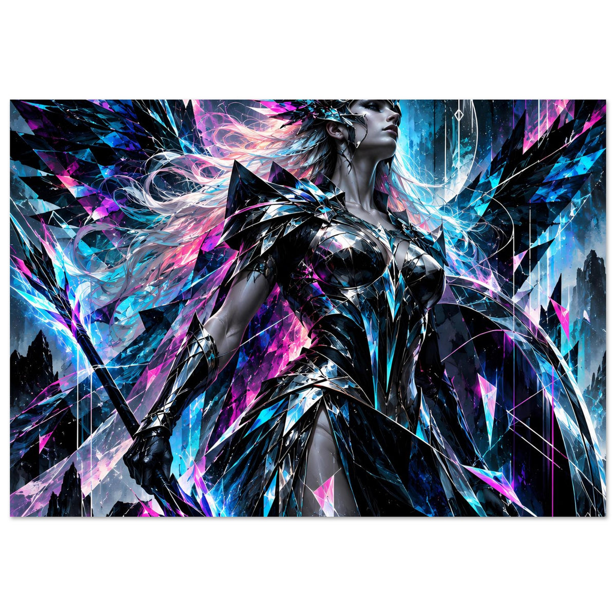 Neon-Valkyrie-Poster: silberne Rüstung, Blau- und Pink-Glanz, wieder breiter Ausschnitt
