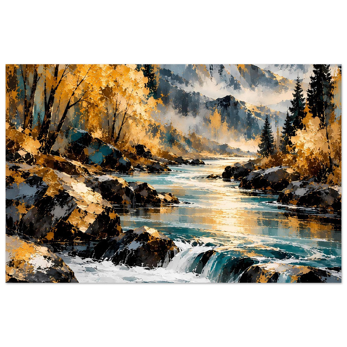 Herbstlandschafts-Poster (quer) mit Fluss, Wasserfall, goldenen Bäumen, dunklen Felsen und Bergen