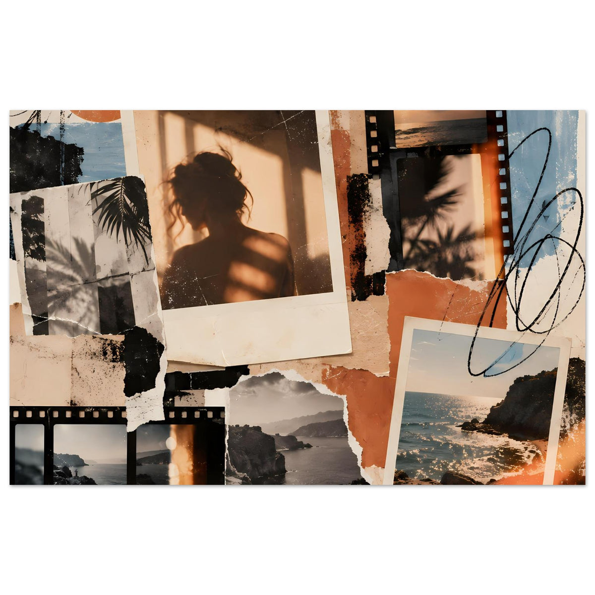 Vintage-Collageposter mit Filmstreifen, Aktfoto und Strandmotiv in warmen Orange- und Blautönen