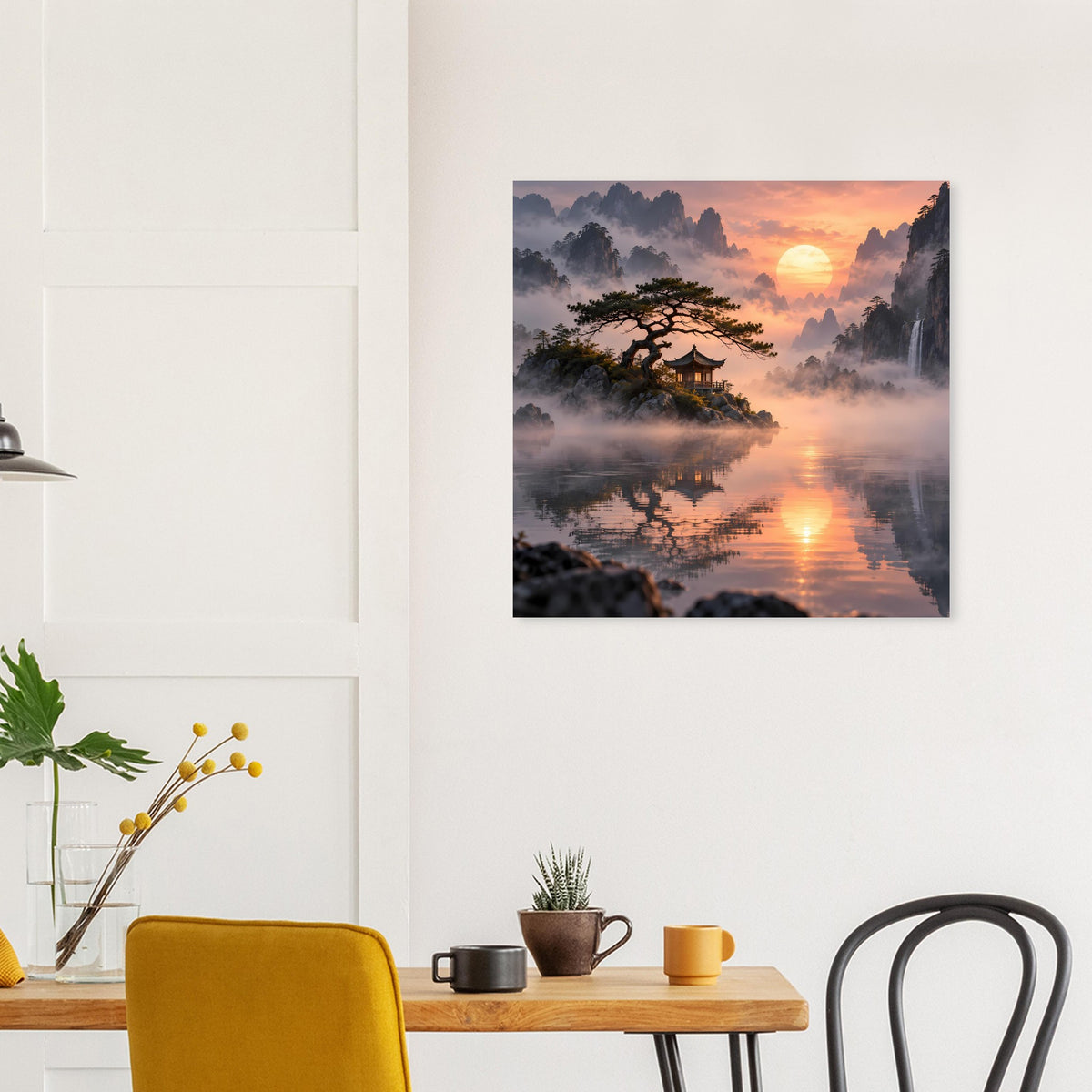 Wandposter mit asiatischer Landschaft in Pastellfarben: Pagode, Spiegelung und Sonnenuntergang