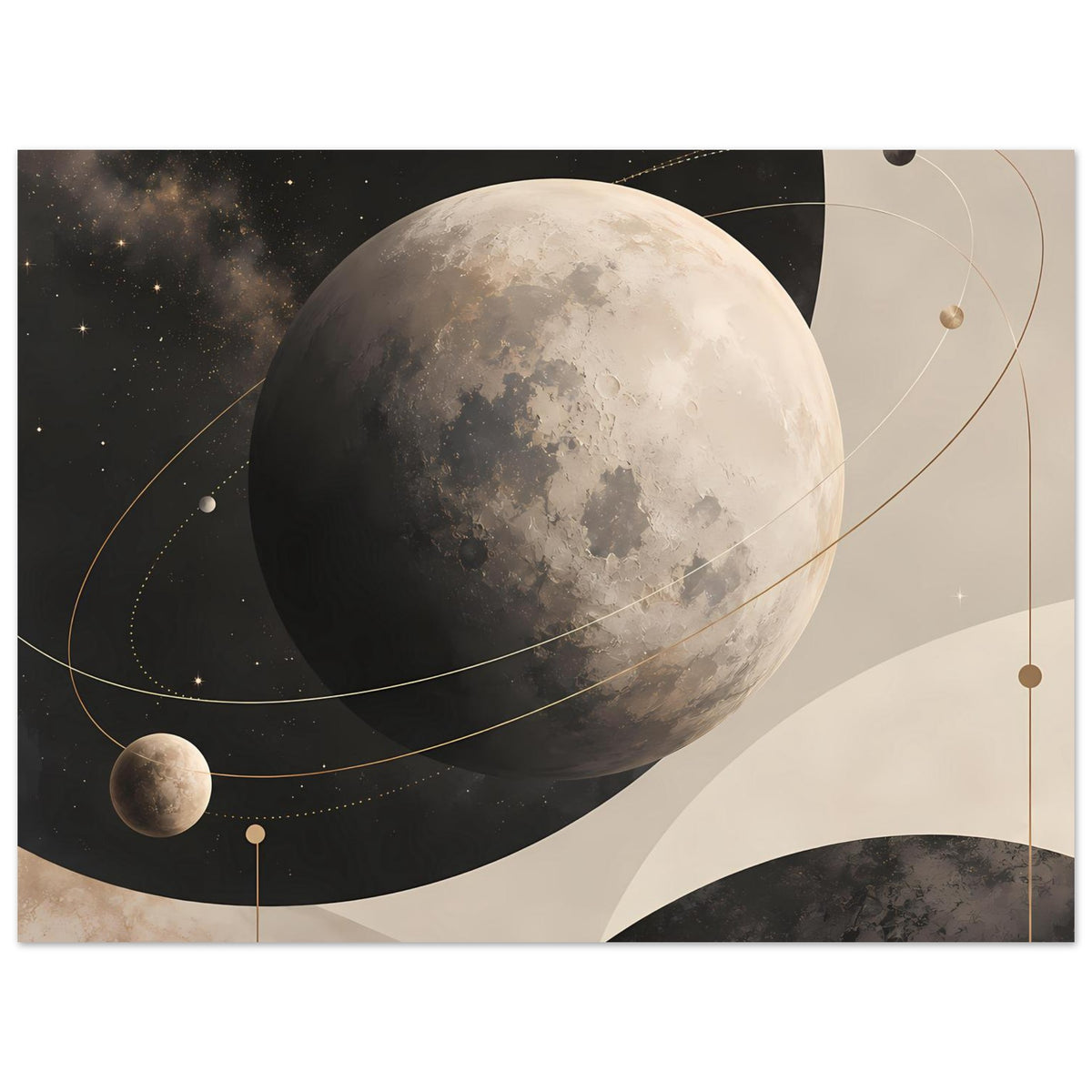 Abstraktes Poster mit Mond, Sternen und goldenen Umlaufbahnen in erdigen Farben