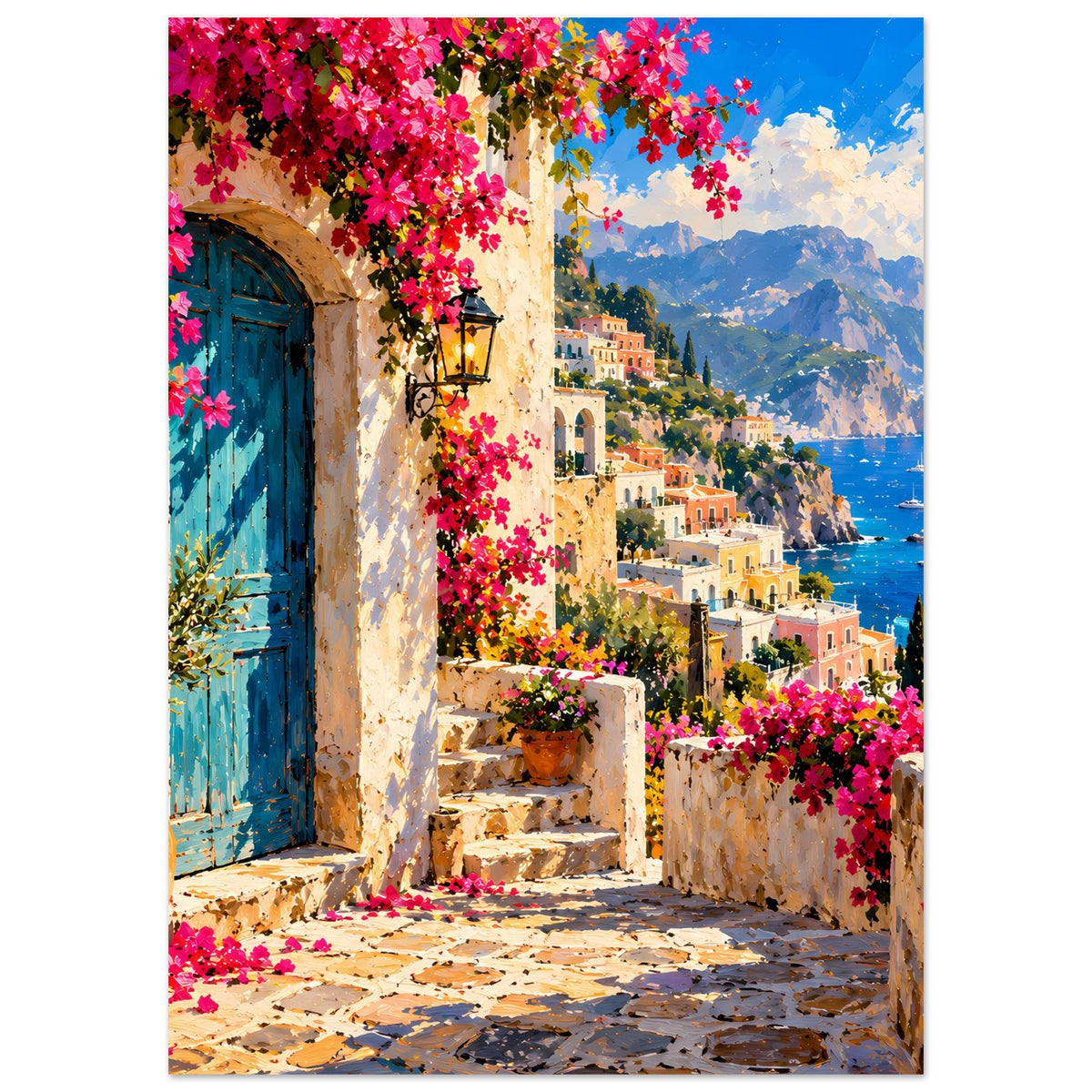 Poster mit blauer Türöffnung, Blumeninseln aus Bougainvillea und türkisblauem Meer