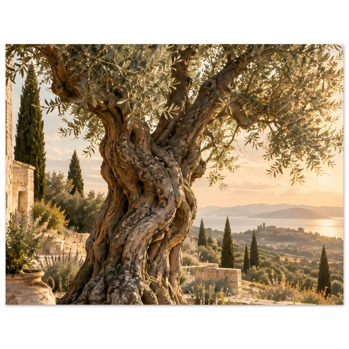 Querformat-Poster: verdrehter Olivenbaumstamm mit Laub über mediterraner Küstenlandschaft
