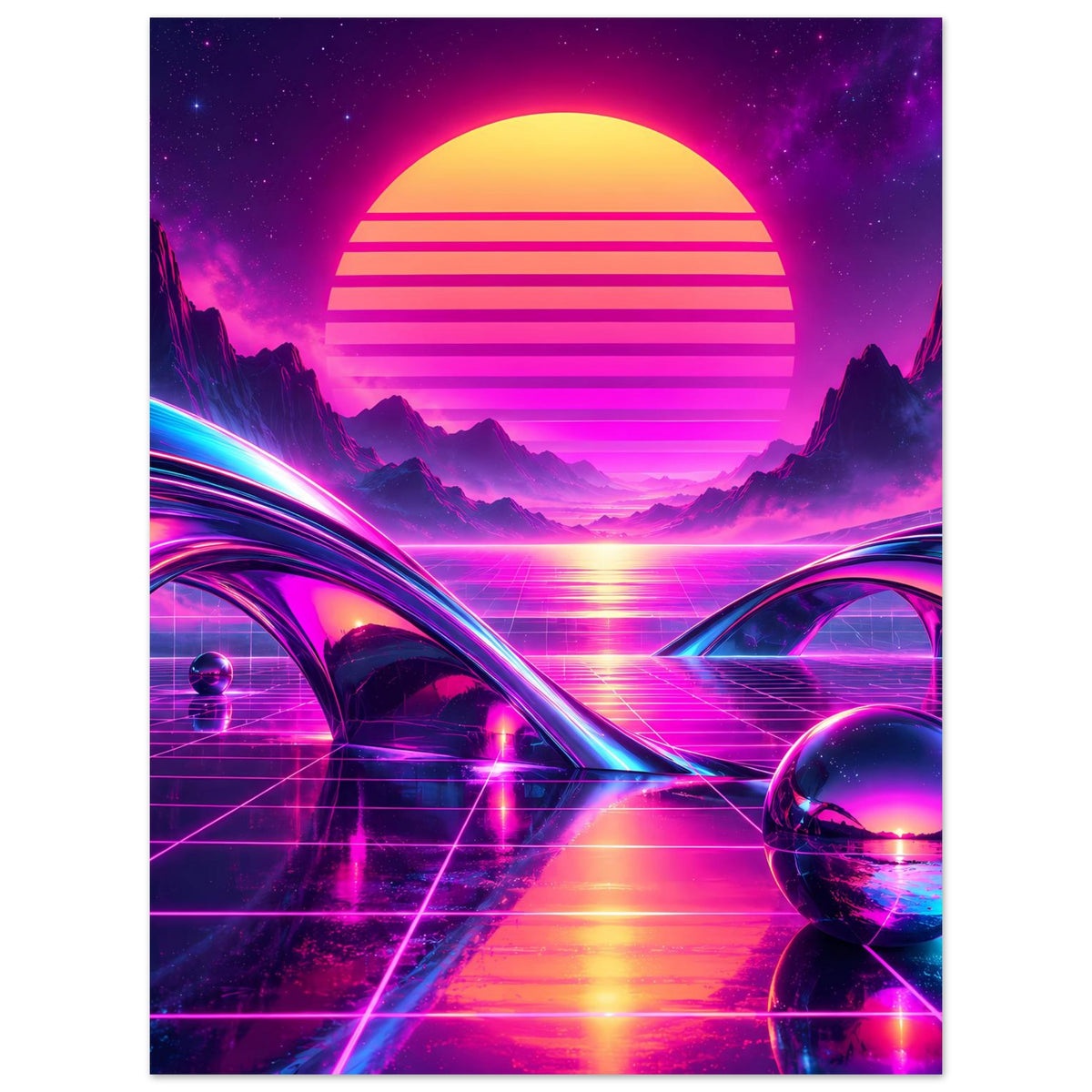 Retro-Science-Fiction-Poster im Hochformat: neonfarbener Himmel, Sonnen-Scheibe, Lichtkurven