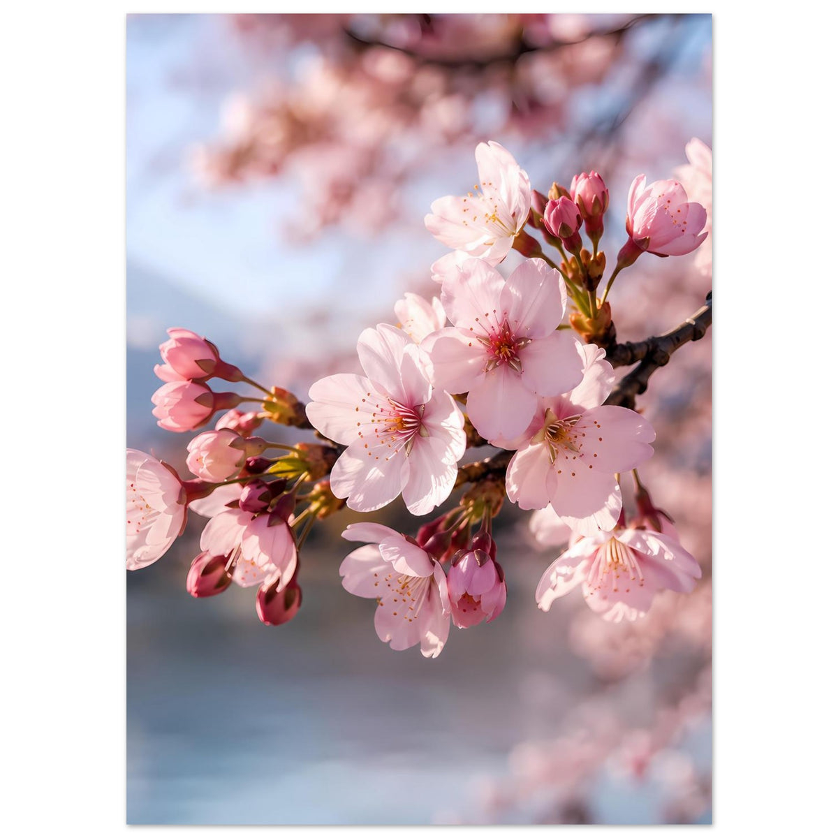 Wandposter mit blühendem Kirschblütenzweig, rosa Blüten und Knospen