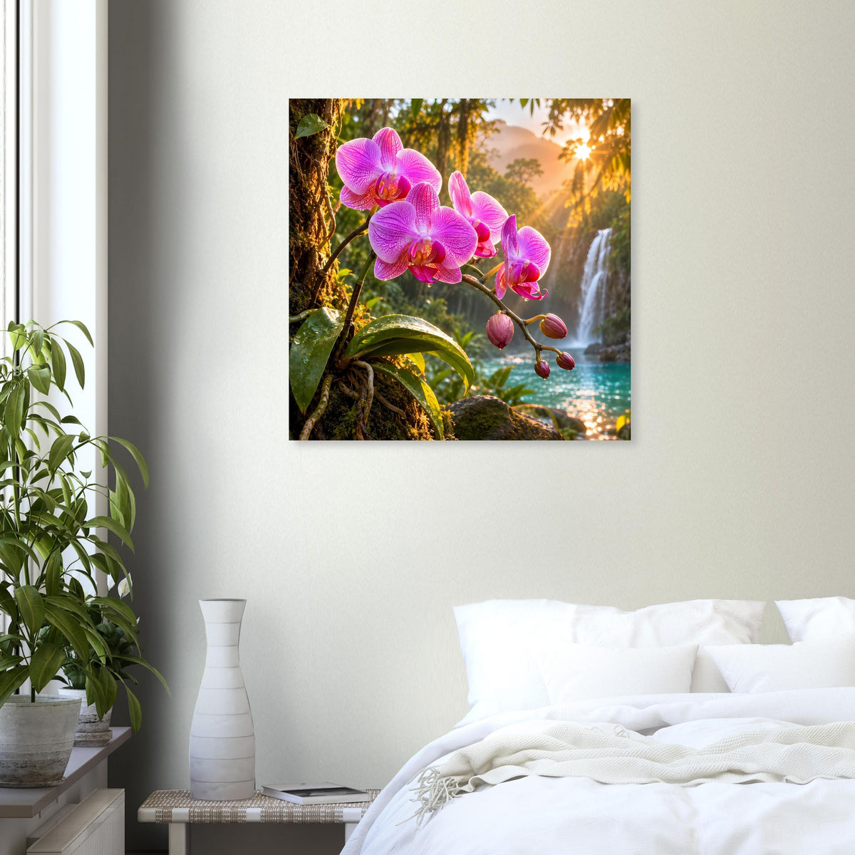 Gerahmtes Wandposter mit pinken Orchideenblüten über einem Wasserfall