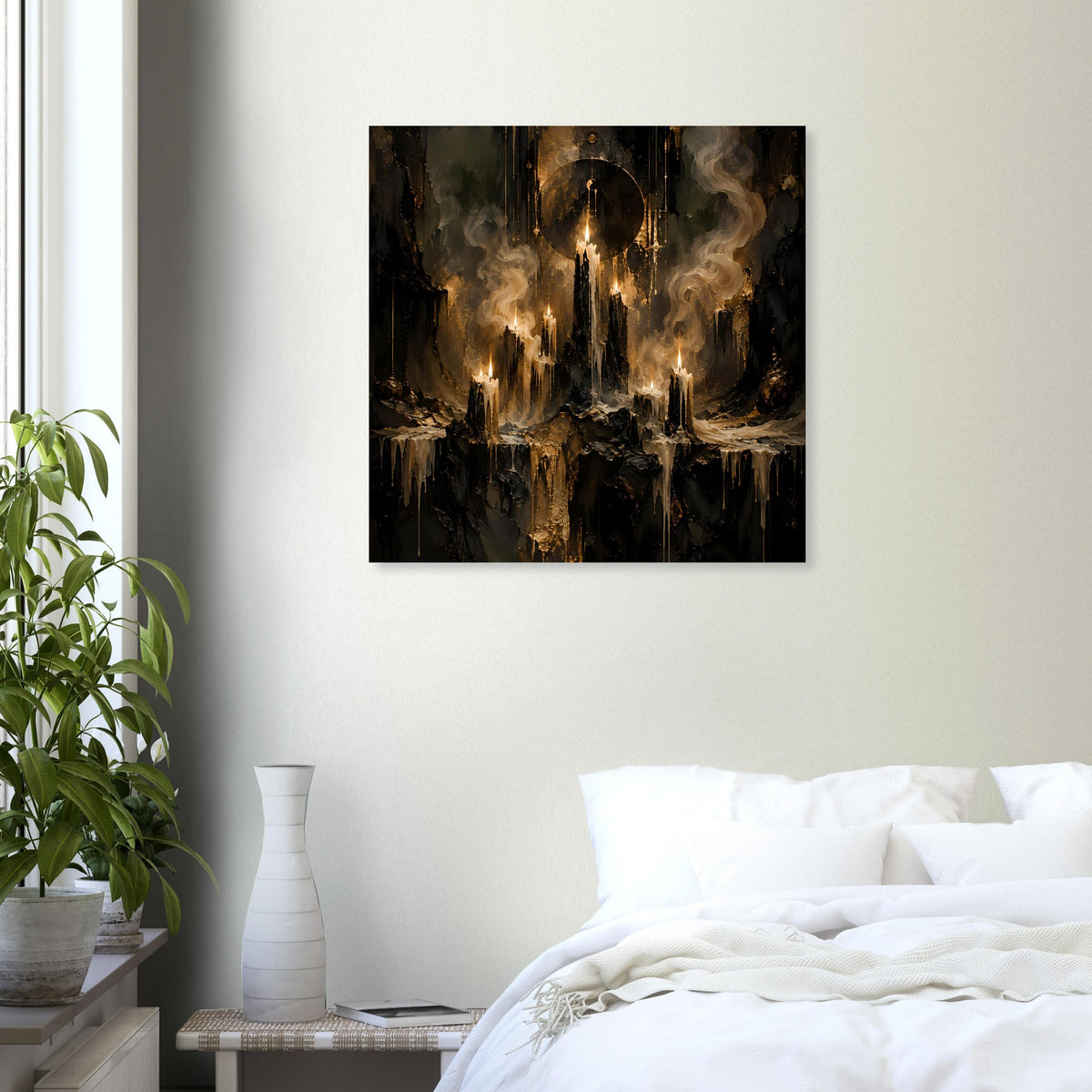 Quadratisches Poster mit Kerzen und Dampf, gold-graue Lichter in dunkler Komposition.