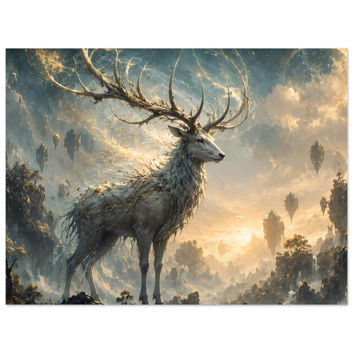 Querformat-Fantasie-Druckposter mit Hirsch, leuchtendem Geweih und detailliertem Fell