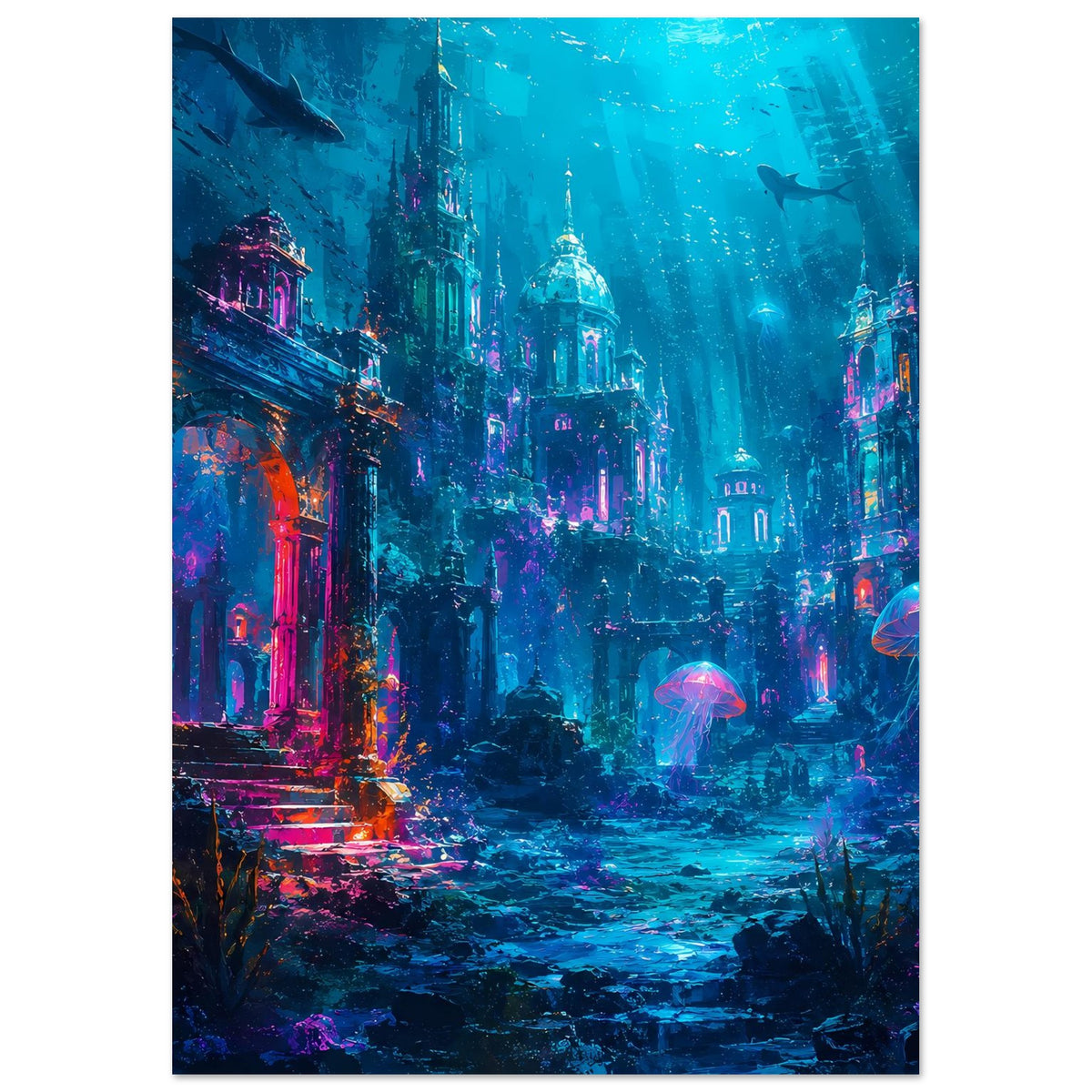 Unterwasser-Fantasy-Poster im Hochformat: versunkene Stadt mit leuchtenden Quallen