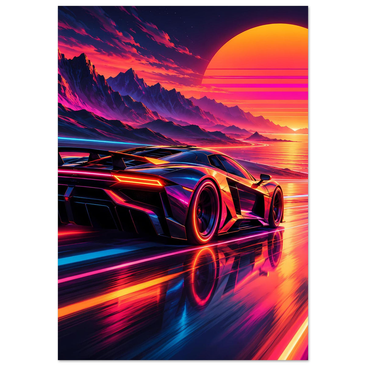 Poster mit Sportwagen im Neon-Design, Spiegelung auf der Straße und orangefarbenem Sonnenkreis.