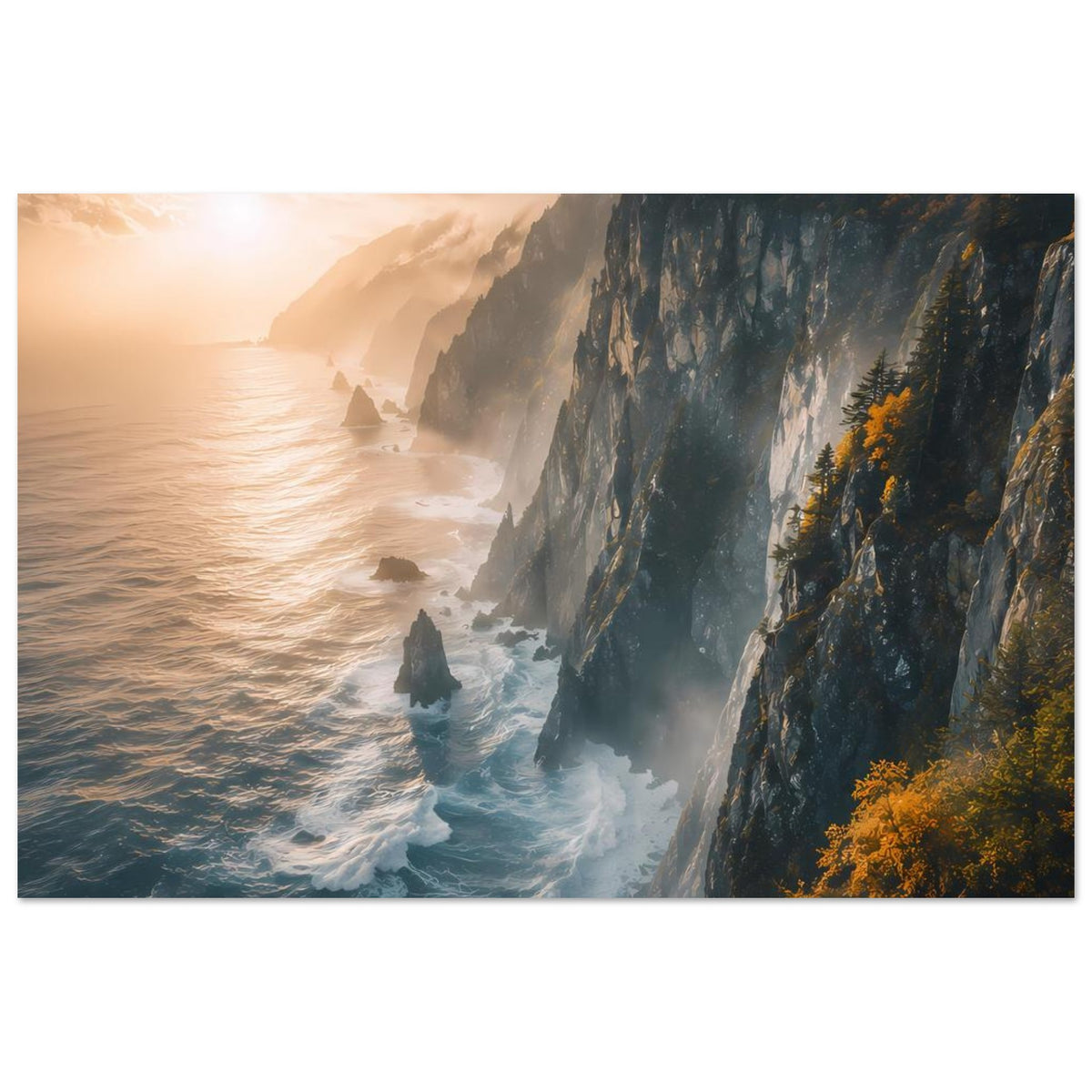 Poster mit Meer und steilen Klippen, Wellenlinien, Gischt und goldenem Seitenlicht.