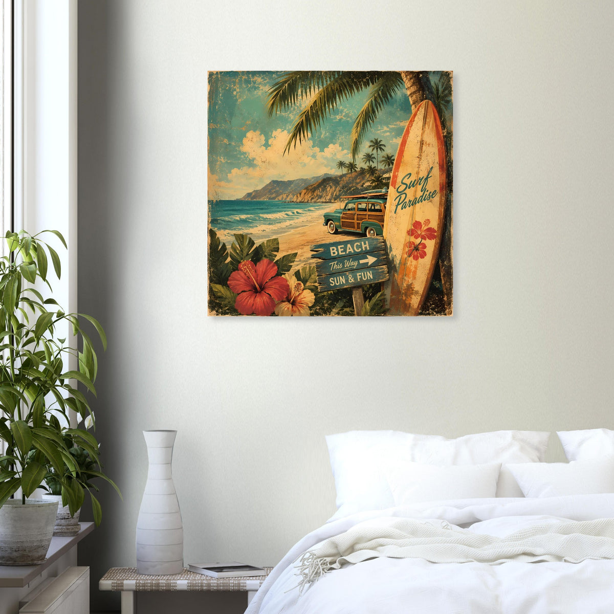 Vintage Beach-Poster mit Surfbrett, Palmen und Strandlandschaft
