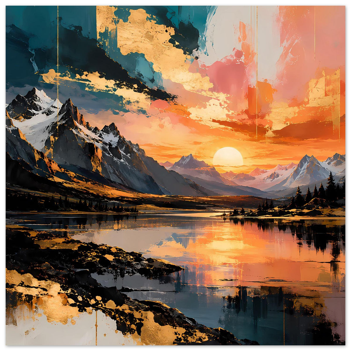 Poster mit Gebirgstal, Fluss/See, goldenem Sonnenkreis und kontrastreicher Wolkenfarbe