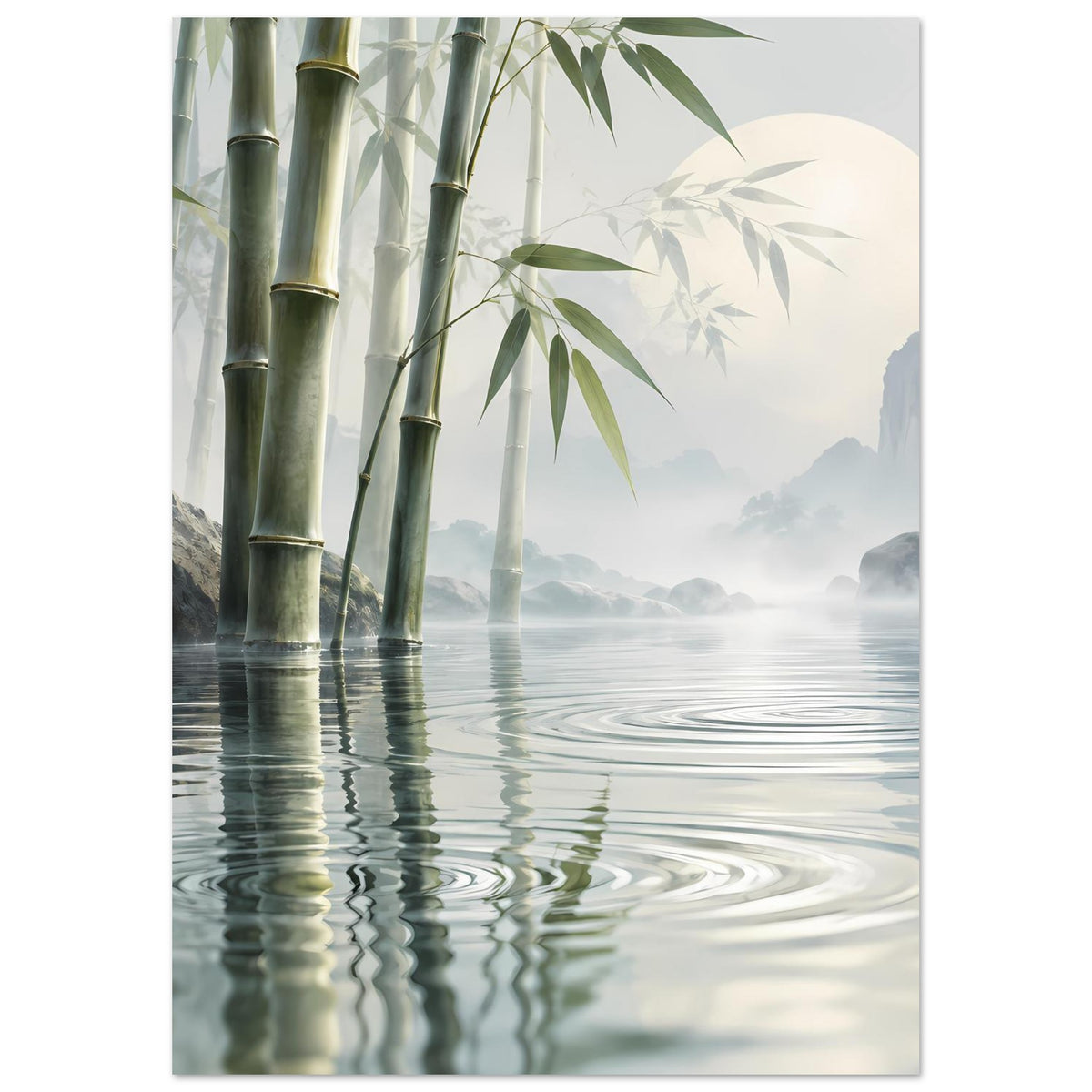 Poster im Hochformat: Bambusrohre links, Wasseroberfläche mit feinen Kreisen