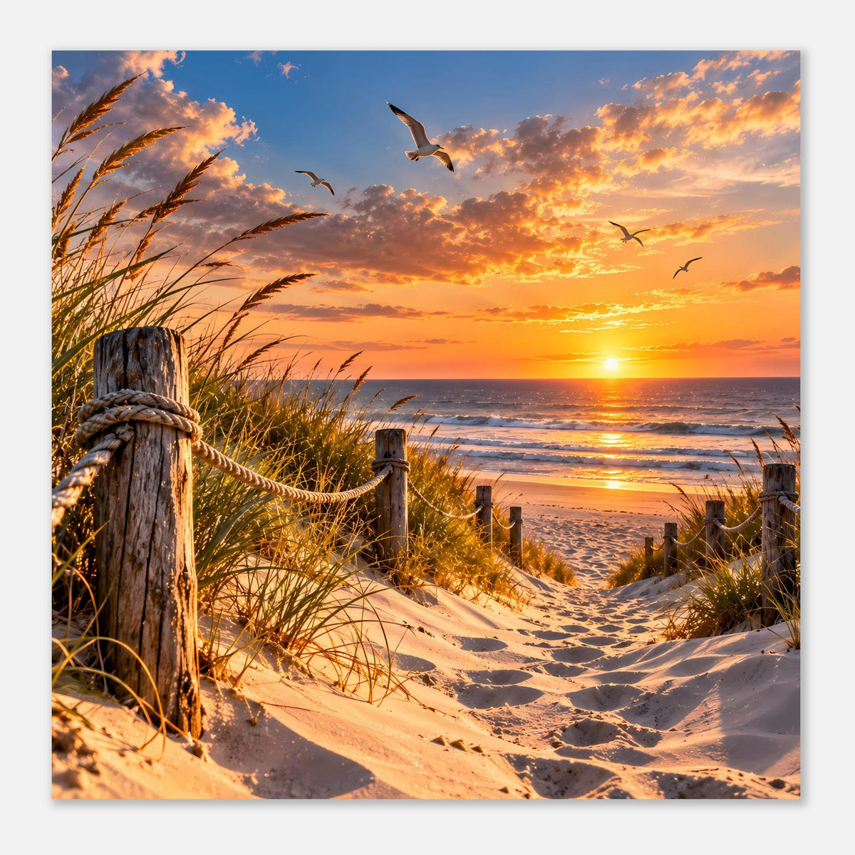 Wandposter mit Sonnenuntergang, Dünenzaun, Sandweg und Möwen am Himmel