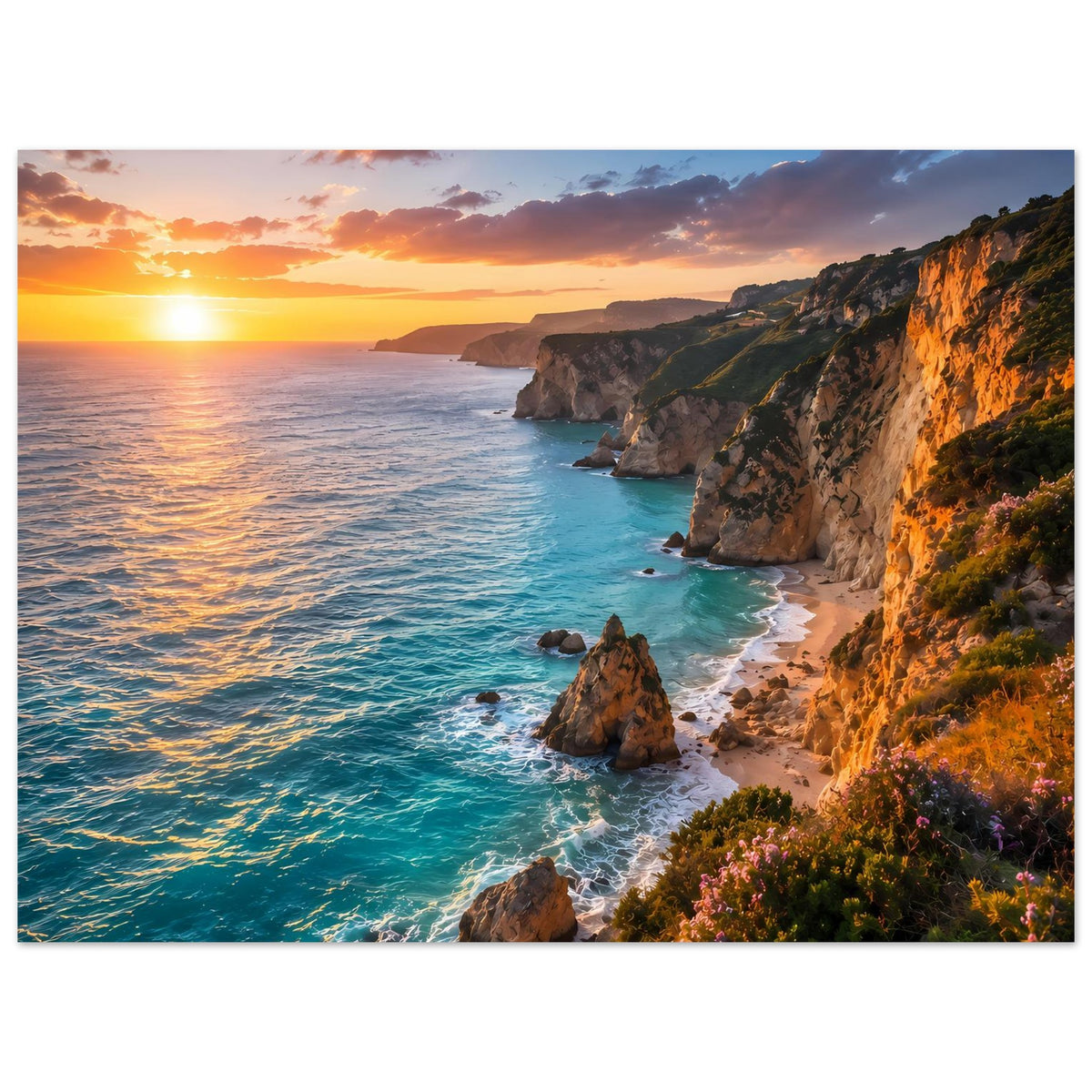 Querformat-Seeposter: Sonnenuntergang über dem Meer, steile Klippen und Felsen an der Küste