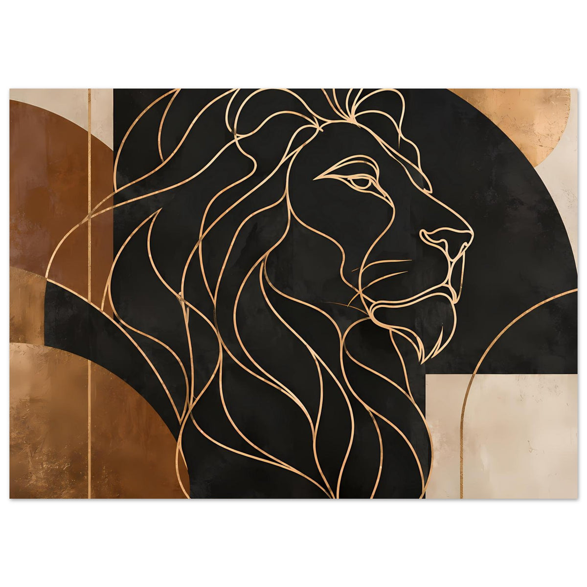 Löwen-Poster mit Gesicht und Mähne als Linien im Gold-/Bronze-Ton auf dunklem Hintergrund