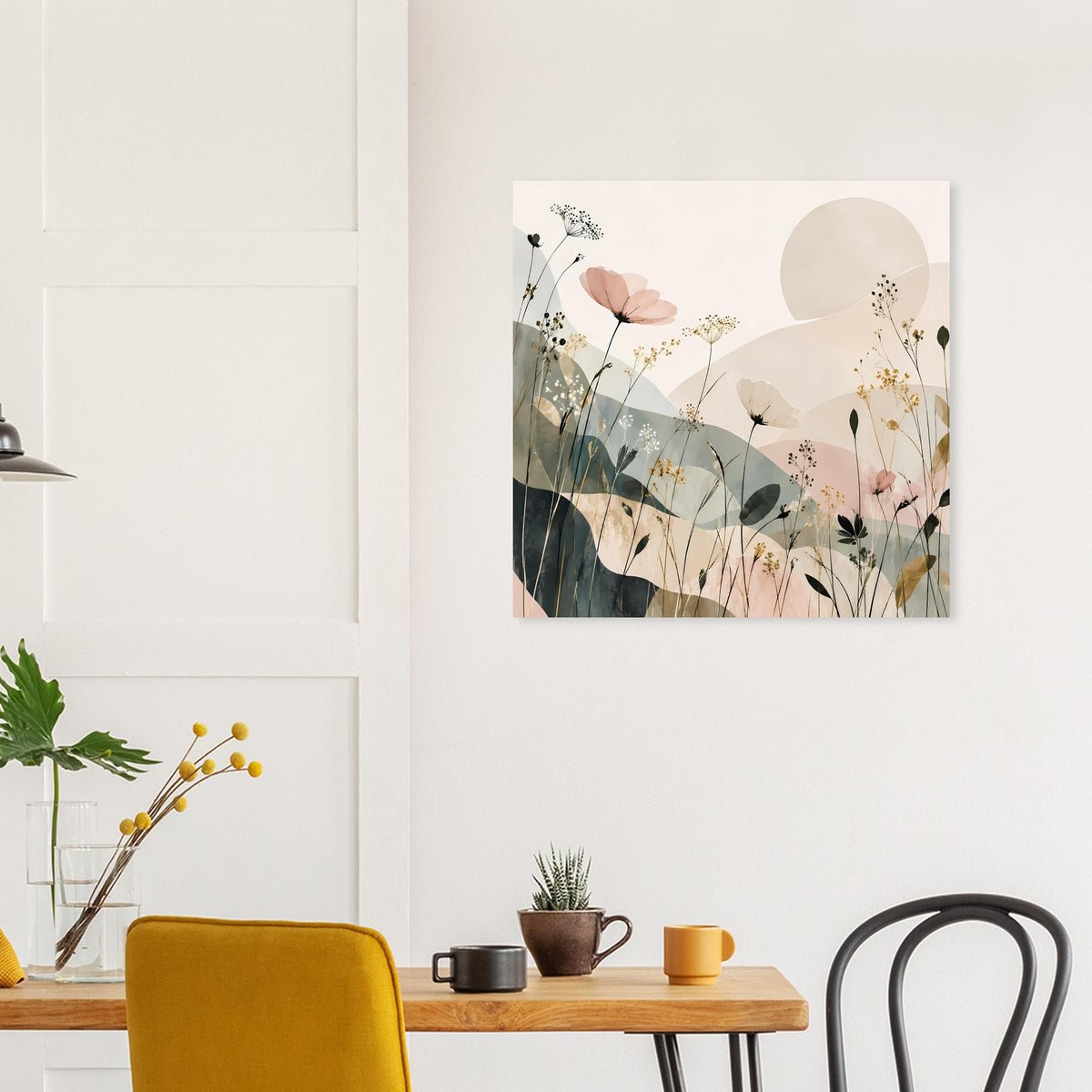 Abstraktes Blumenposter mit Pastellblüten und beigem Kreis über Sideboard